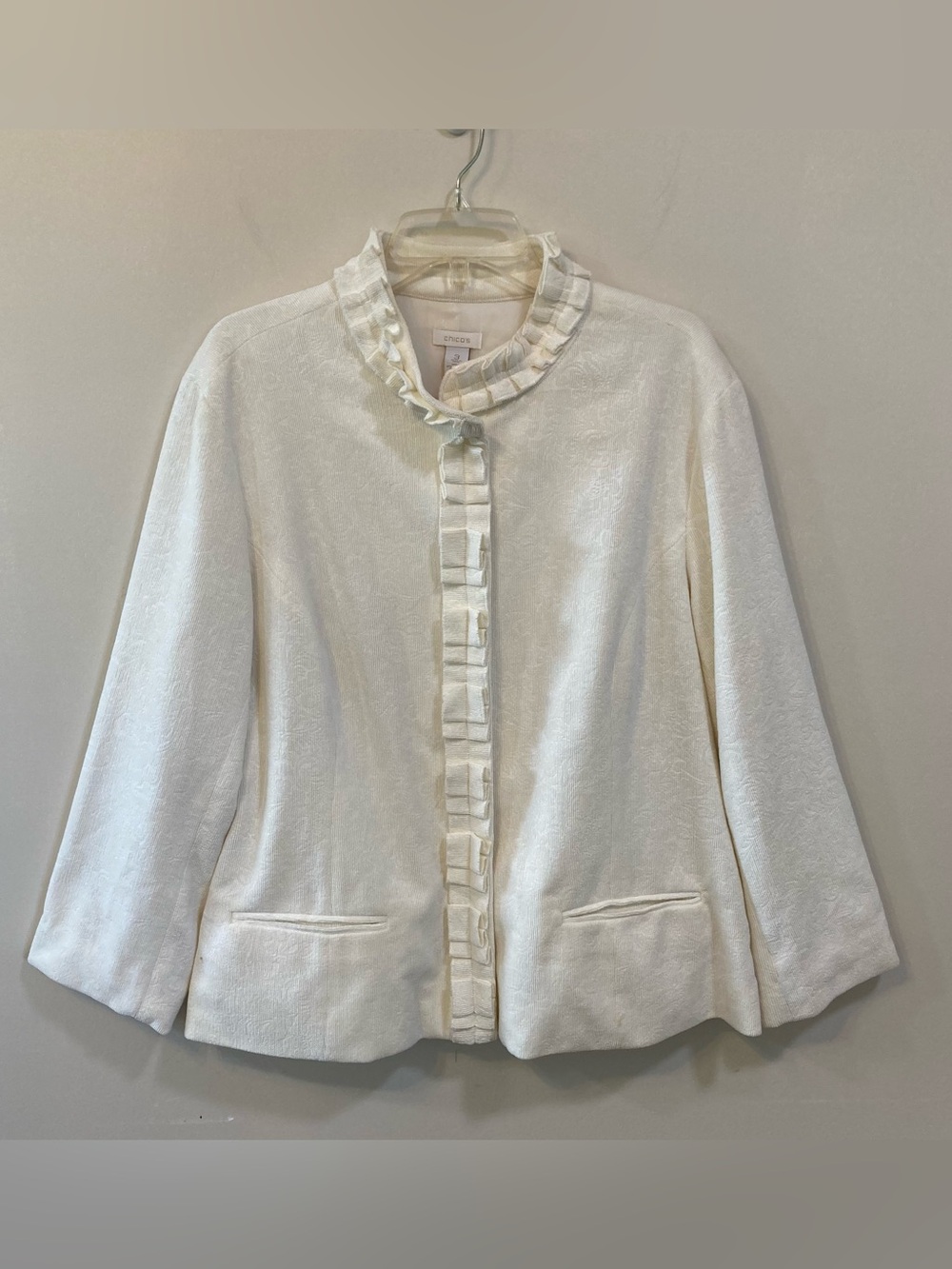Chico's Cord Bouquet Lined Blazer Jacket Womens Sz 3 (XL) Cream Snaps Ruffle